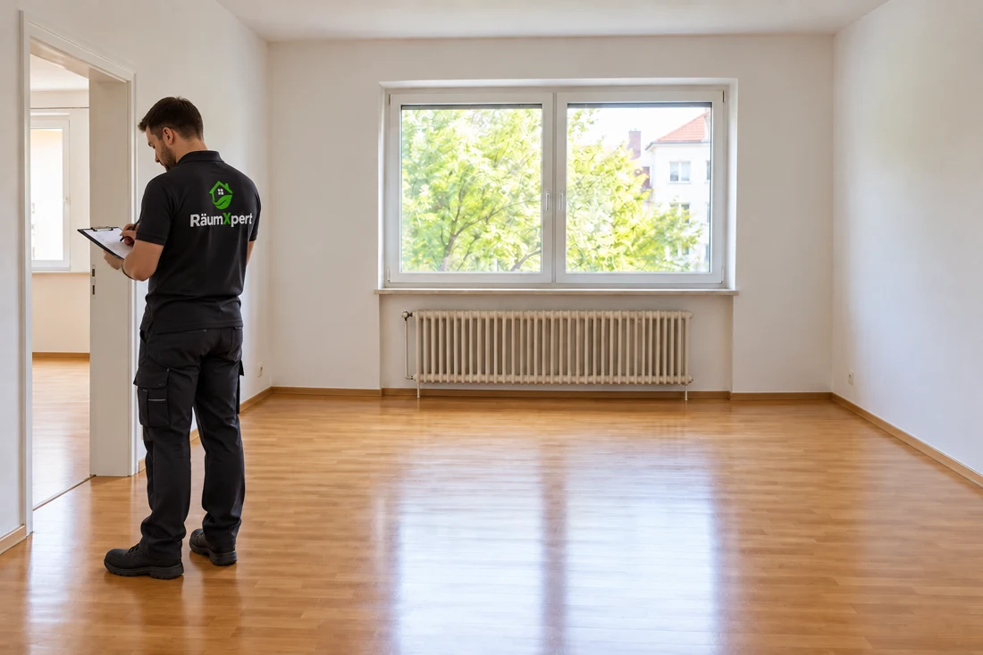 RäumXpert Mitarbeiter prüft eine leere helle Wohnung nach der Räumung