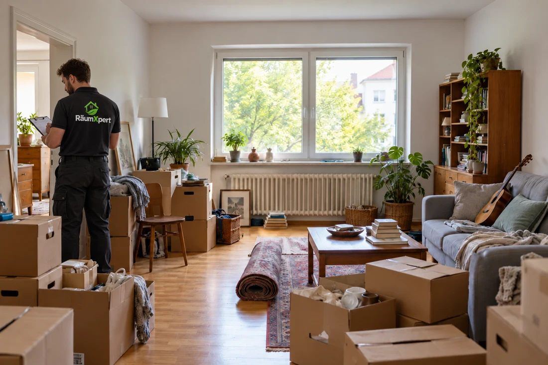RäumXpert Mitarbeiter besichtigt eine Wohnung mit Möbeln vor der Räumung