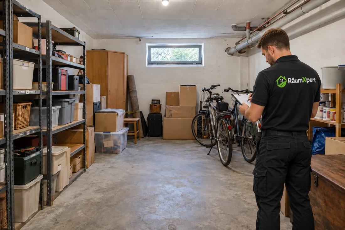 RäumXpert Mitarbeiter besichtigt einen Keller mit Kartons und Gegenständen